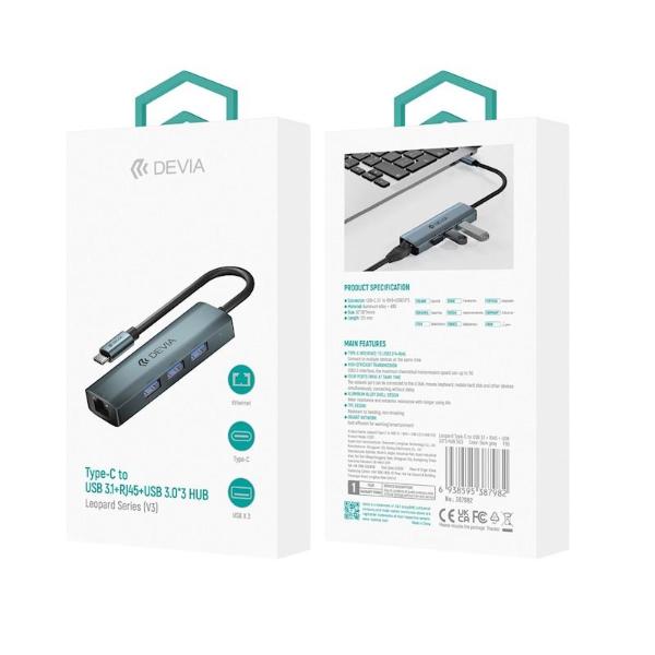 ADAPTADOR HUB 4 EN 1 DEVIA EC621 USB-C 3.1 A 3X USB 3.0 + RJ45 GRIS OSCURO